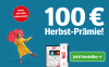 Angebot 100 Euro Herbst Prämie 12 Monate Zeitung gedruckt und digital lesen, Frau mit rotem Schirm und Button Jetzt bestellen