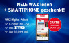 Die Grafik bewirbt die WAZ mit dem Angebot Digital-Paket inkl. ein gratis Samsung Galaxy A36 beim Kauf, alles auf blauem Hintergrund.