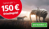 Ein Elefant und ein Zebra stehen in der Landschaft. Werbung für 150 Euro Urlaubsgeld mit dem Text 'Jetzt bestellen' in einer Schaltfläche.