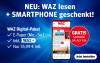 Ein Smartphone zeigt die WAZ App mit dem Angebot 'NEU: WAZ lesen + SMARTPHONE geschenkt!'. 