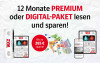 Werbebanner zeigt gerollte WAZ Zeitung, Tablet und Smartphone, roten Kreis 'Bis zu 285 Euro sparen' und Euro Scheine