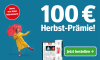 Angebot 100 Euro Herbst Prämie 12 Monate Zeitung gedruckt und digital lesen, Frau mit rotem Schirm und Button Jetzt bestellen