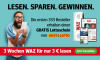 Die Anzeige zeigt einen Mann mit Brille, der aufgeregt einen Lottoschein in der Hand hält. Der Text lautet: Die ersten 333 Kunden erhalten einen Gratis-Lottoschein von WestLotto. Daneben sind Bilder der WAZ in Printform, auf einem Tablet und einem Smartphone zu sehen. Darunter wirbt die Anzeige in Rot und Grün mit 3 Wochen WAZ für nur 3 € und einem Jetzt bestellen-Button.