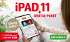 Werbung für iPAD 11 mit Digital-Paket, bietet E-PAPER inklusive WAZ PLUS. Text Gratis Tablet und Jetzt sichern auf grünem Button.