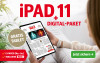 Werbung für iPAD 11 mit Digital-Paket, bietet E-PAPER inklusive WAZ PLUS. Text Gratis Tablet und Jetzt sichern auf grünem Button.