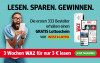 Die Anzeige zeigt einen Mann mit Brille, der aufgeregt einen Lottoschein in der Hand hält. Der Text lautet: Die ersten 333 Kunden erhalten einen Gratis-Lottoschein von WestLotto. Daneben sind Bilder der WAZ in Printform, auf einem Tablet und einem Smartphone zu sehen. Darunter wirbt die Anzeige in Rot und Grün mit 3 Wochen WAZ für nur 3 € und einem Jetzt bestellen-Button.