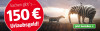 Ein Elefant und ein Zebra stehen in der Landschaft. Werbung für 150 Euro Urlaubsgeld mit dem Text 'Jetzt bestellen' in einer Schaltfläche.